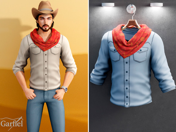Sims 4 — Adult - Western shirt with bandana detail by Garfiel — This adult outfit captures the essence of rugged western