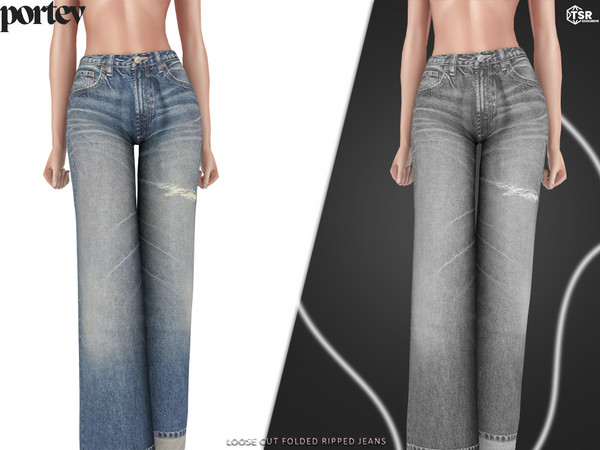 Sims 4 — Loose Cut Folded Ripped Jeans by portev — new Mesh 5 colors