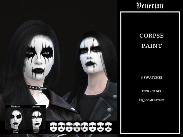 Sims 4 — Corpse Paint by Venerian by Venerian — 8 swatches Teen to elder No gender or frame restrictions Disallowed for