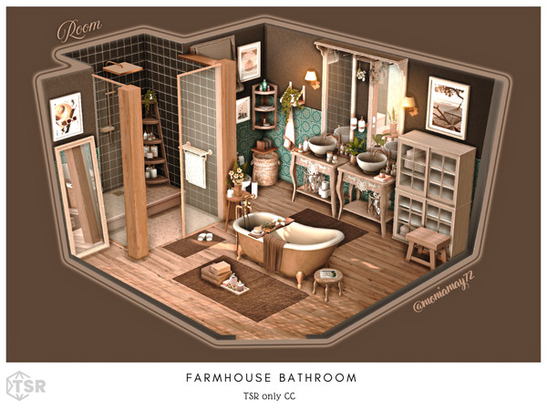 Sims 4 — Farmhouse Bathroom by Moniamay72 — A beautiful modern bathroom in dark colors.