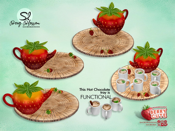 Sims 4 — Berry Blossom Hot Chocolate Tray by SIMcredible! — Decorative items inspired by lovely strawberries. All cakes
