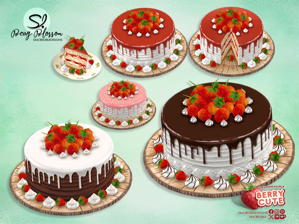 Sims 4 — Berry Blossom Cake by SIMcredible! — Decorative items inspired by lovely strawberries. All cakes are decor only.