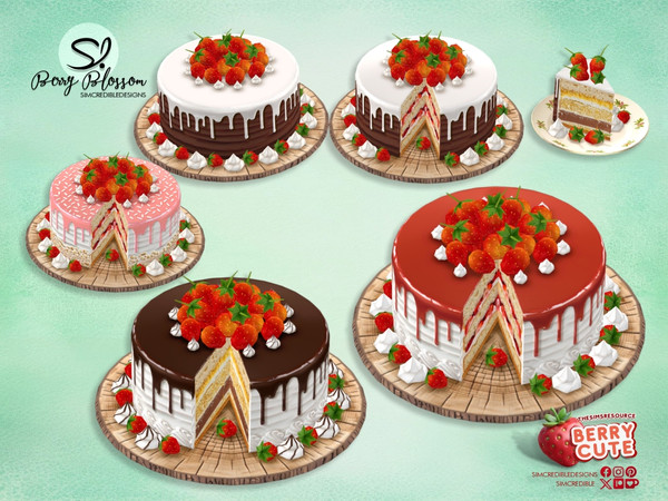 Sims 4 — Berry Blossom Cut Cake by SIMcredible! — Decorative items inspired by lovely strawberries. All cakes are decor