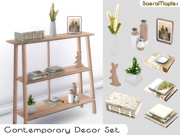 Sims 4 — Contemporary Decor Set - Books 1 by SaeraMaples — A modern style shelf with a set of 9 decorative items.