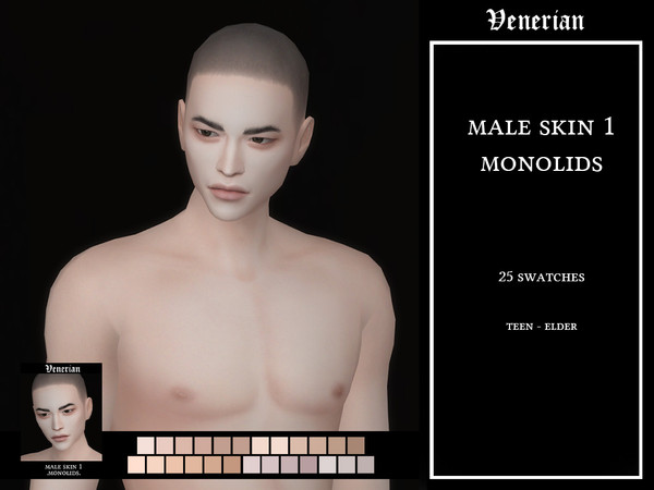 Sims 4 — Male Skin 1 (Monolids) Light to Medium skintones by Venerian by Venerian — 25 swatches -6 neutral skintones -6