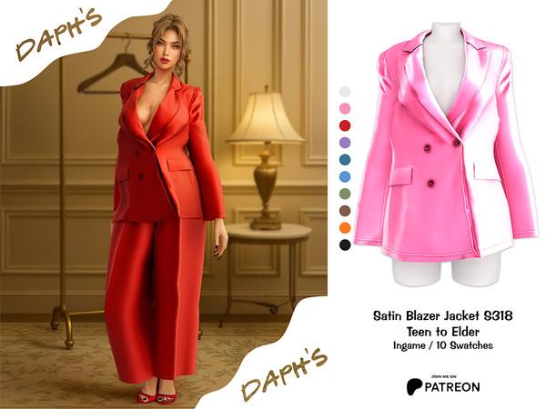 Sims 4 — PATREON - Satin Blazer Jacket S318 by Daph's — 10 Swatches