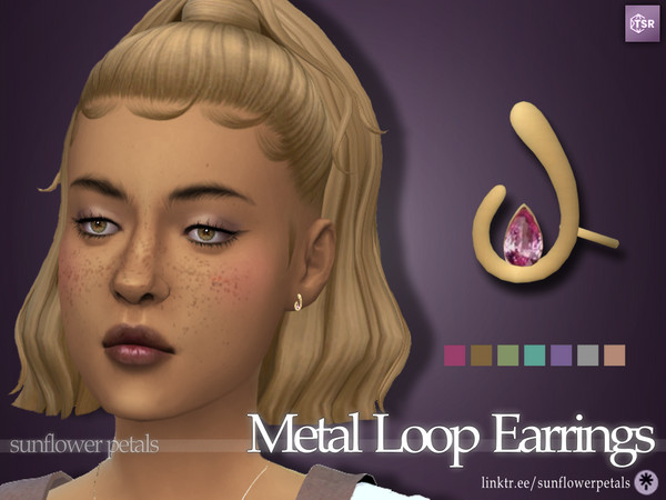 Sims 4 — Metal Loop Earrings by SunflowerPetalsCC — A pair of metal earrings with a gemstone insert. Comes in 7 bright