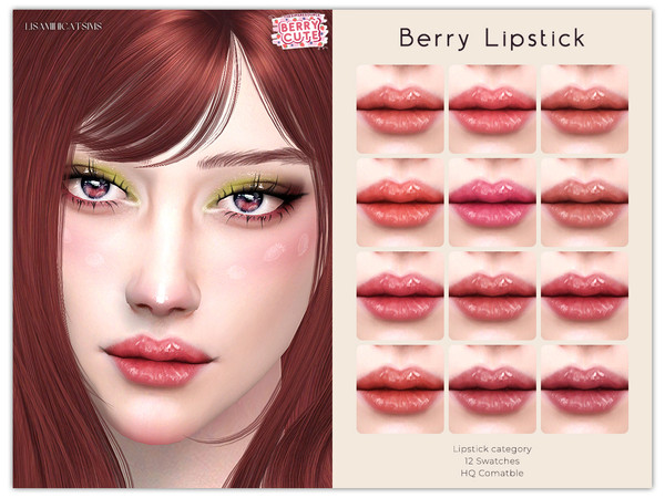 Sims 4 — Berry Lipstick by Lisaminicatsims — -Lipstick category -HQ comatble -12 swatches