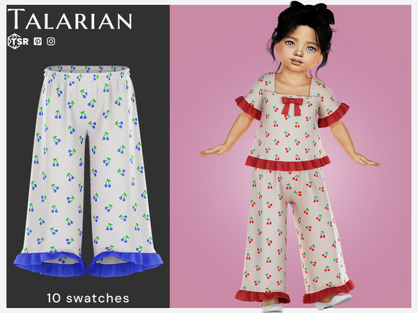 Sims 4 — Ember Pants by talarian — Wide-leg pants featuring a cheerful cherry print, elastic waistband, and ruffle hem