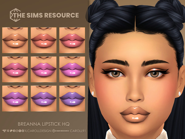 Sims 4 — Breanna Lipstick HQ by Caroll912 — A 4-swatch Maxis Match lip gloss in the muted shades of orange, pink, red,