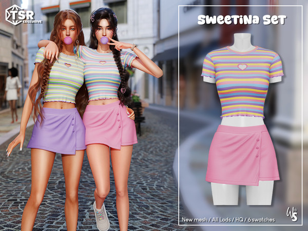 Sims 4 — Sweetina Clothing Set by WisteriaSims — This adorable Maxis Mix outfit features a trendy crop top paired with a