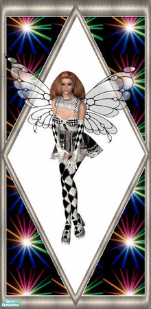 Sims 2 — black rose by skinflin — black wall with bursts of multi colours and siver diamond frame with pixi girl