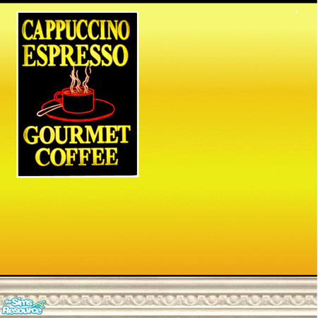 Sims 2 — cappuccino set by skinflin — yellow tone wall with neon cappuccino sign and moulding