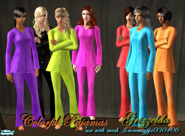 Sims 2 — Colorful Satin Pajamas Set by Grizzelda — Bright and fun pajamas in a rainbow of colors! Use with