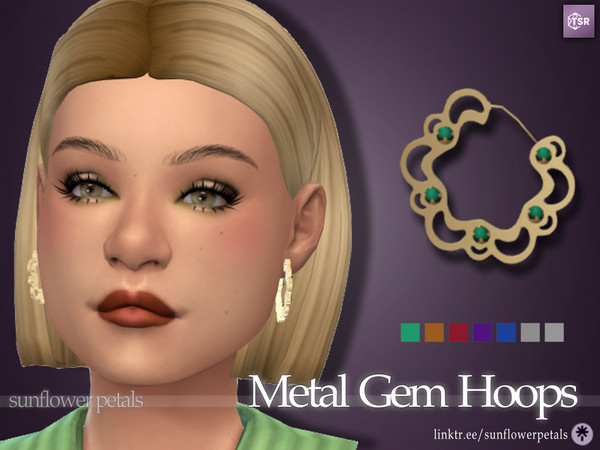 Sims 4 — Metal Gem Hoops by SunflowerPetalsCC — A pair of hoop earrings with gemstones. Comes in 7 bright colors. BGC