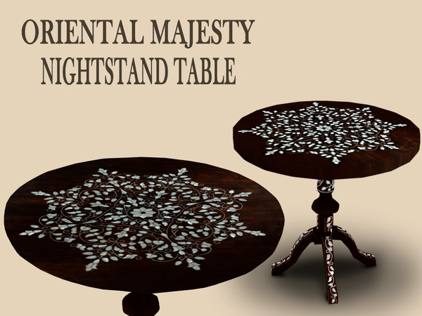 Sims 4 — Oriental Majesty Nightstand Table by RitaDen — Crafted from rich dark wood, its round surface is adorned with