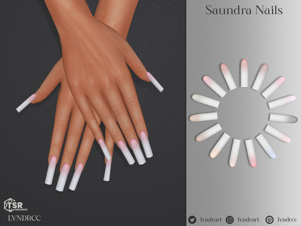 Sims 4 — Saunda Nails by LVNDRCC — Long square manicure with a gradient french tip, in an array of light pastel shades,