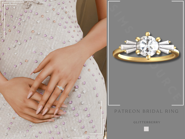 Sims 4 — Patreon Bridal Ring by Glitterberryfly — Gold bridal ring with round diamond centre and baguette side stones