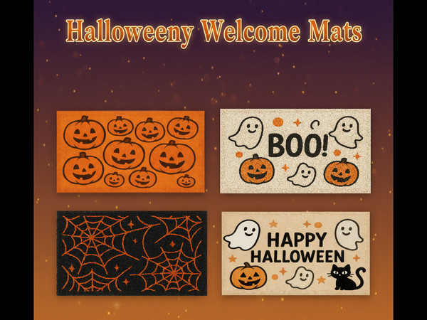 Sims 4 — Halloweeny Welcome Mats by LowElfEsteem — Set of four Halloween themed doormats