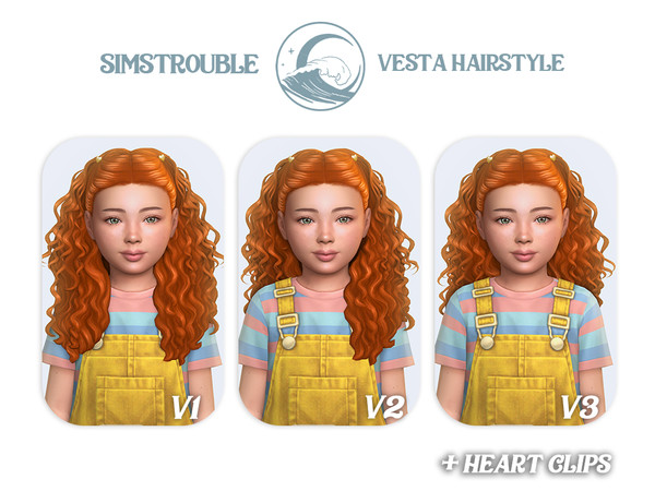 Sims 4 — simstrouble_ChildHair_VestaV1.package by simstrouble — A long curly hairstyle with two removable clips that push