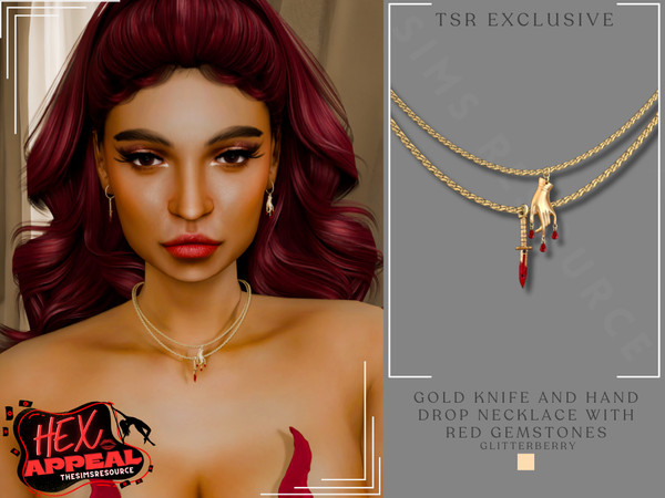 Sims 4 — Hex Appeal- Gold Knife and Hand Drop Necklace with Red Gemstones by Glitterberryfly — Gold layered necklace with