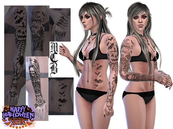 Sims 4 — Halloween Skeleton In Casket, Spiderweb And Roses Lower Arm Tattoo (Right) by MaruChanBe2 — Halloween inspired
