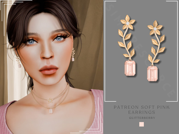 Sims 4 — Patreon Soft Pink Flower Earrings by Glitterberryfly — A soft pink flower earring with pink gold leaves