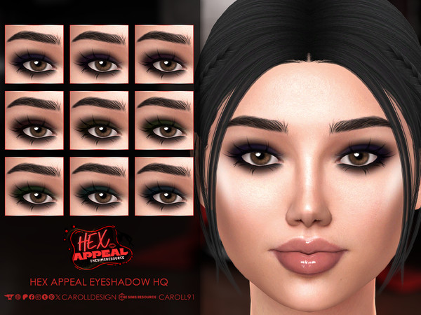 Sims 4 — Hex Appeal Eyeshadow HQ by Caroll912 — A 9-swatch smoky eyeshadow with blackened rainbow upper lid accents.