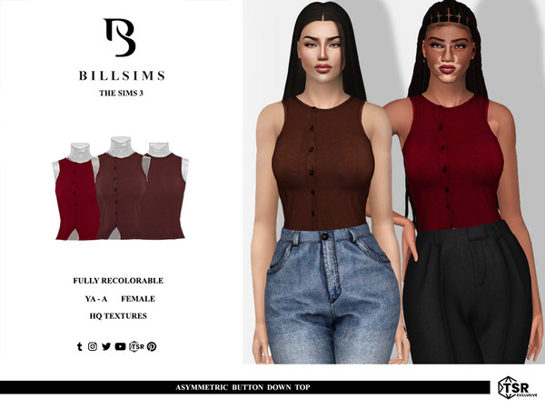 Sims 3 — Asymmetric Button Down Top by Bill_Sims — This top features a sleeveless design with a classic round neckline