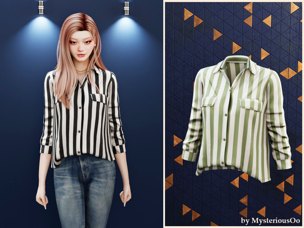 Sims 4 — Striped button-up long sleeve shirt by MysteriousOo — Classic striped shirt with relaxed button-up fit in 12