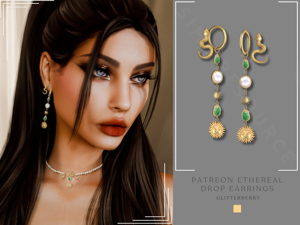 Sims 4 — Patreon Ethereal Drop Earrings by Glitterberryfly — A gold pendant earring with snakes and sun