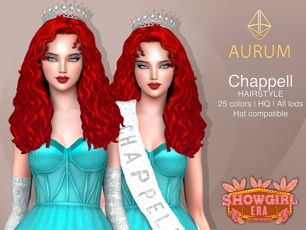 Sims 4 — Showgirl Era - Chappell MM classic version by Aurum — Maxis match long wavy hair with curly bangs in a Chappelle