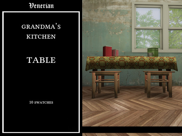 Sims 4 — Grandma's Kitchen Table by Venerian by Venerian — An old wooden table covered with a vintage linoleum