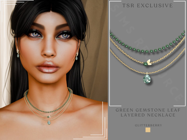 Sims 4 — Green Gemstone Leaf Layered Necklace by Glitterberryfly — A green gemstone necklace with 3 layers