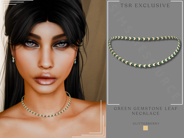 Sims 4 — Green Gemstone Leaf Necklace by Glitterberryfly — A one chain necklace with green gemstone and gold leaves