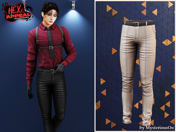 Sims 4 — Hex Appeal - Leather pants with belt by MysteriousOo — Fitted leather pants with detailed belt in 10 colors