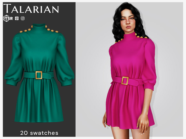 Sims 4 — Alia Elegant Dress by talarian — Elegant mini dress with a mock neck, puffed sleeves, and decorative buttons