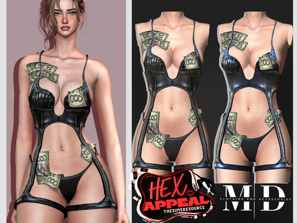 Sims 4 — hexAppeal - leather bodysuit with banknote details by Mydarling20 — Outfit Information Age Groups: Teens, Young