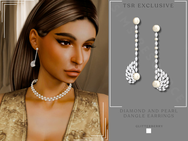 Sims 4 — Diamond and Pearl Wing Dangle Earring by Glitterberryfly — A diamond drop earring with wing pendant and pearl