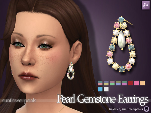 Sims 4 — Pearl Gemstone Earrings by SunflowerPetalsCC — A pair of gemstone earrings with an attached pearl. Comes in 10
