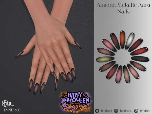 Sims 4 — Halloween 2025 Almond metallic Aura Nails by LVNDRCC — Extra long almond manicure with round black gradient with