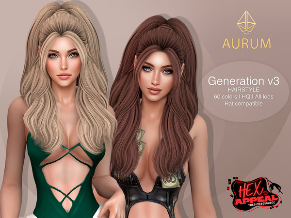 Sims 4 — Hex Appeal - Generation v3 - Long Wavy High Ponytail by Aurum — Long, wavy high ponytail for The Sims 4. HQ