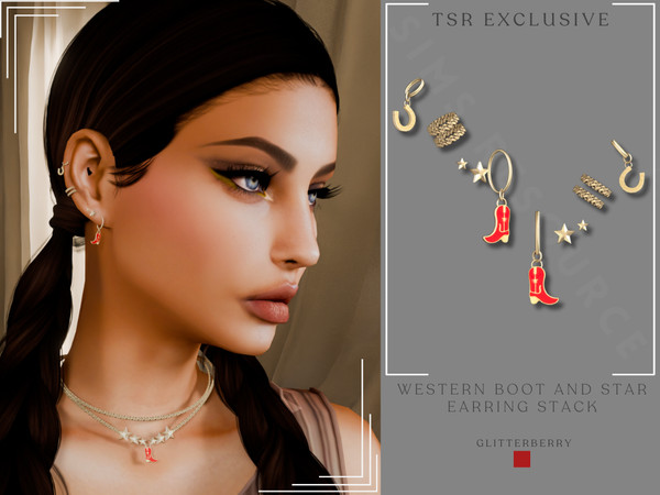 Sims 4 — Western Boot and Star Earring Stack by Glitterberryfly — Western Boot and Star Earring Stack in gold and red