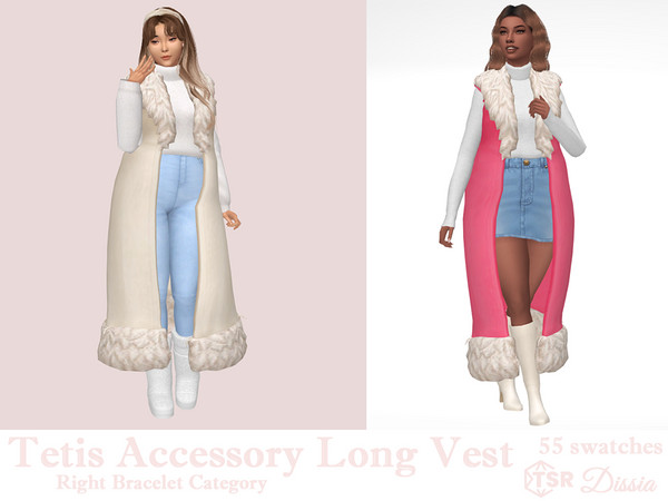 Sims 4 — Tetis Accessory Long Vest by Dissia — Retro long vest with fur in many colors