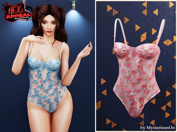 Sims 4 — Hex Appeal - Floral sheer bodysuit by MysteriousOo — Sheer lace bodysuit with floral embroidery in 7 colors