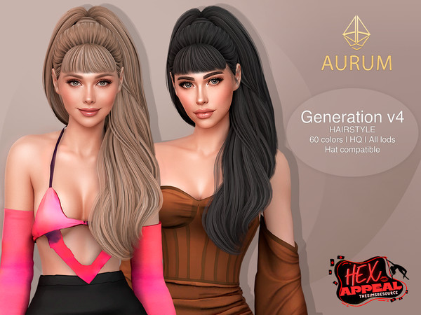 Sims 4 — Hex Appeal - Generation v4 - Long Wavy High Ponytail with bangs by Aurum — Long, wavy high ponytail for The Sims