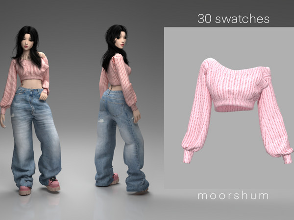Sims 4 — off shoulder cropped sweater by moorshum — impractical but so so cute! available in cozy pastel, dark &
