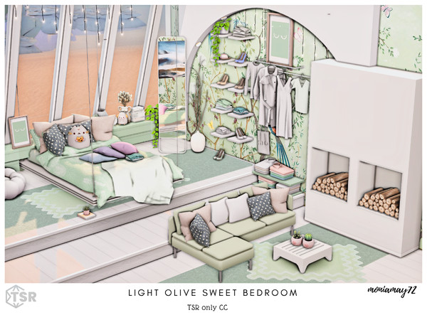 Sims 4 — Light olive sweet Bedroom by Moniamay72 — A beautiful modern bathroom in dark colors.