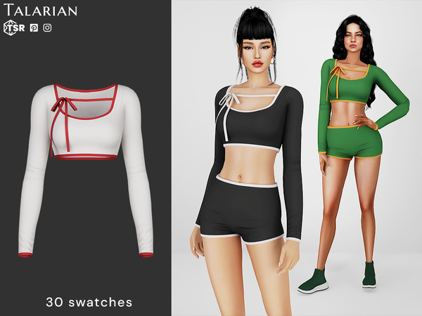 Sims 4 — Jessica Cropped Long Sleeve Top by talarian — Sporty-chic cropped top featuring contrast trim and a delicate