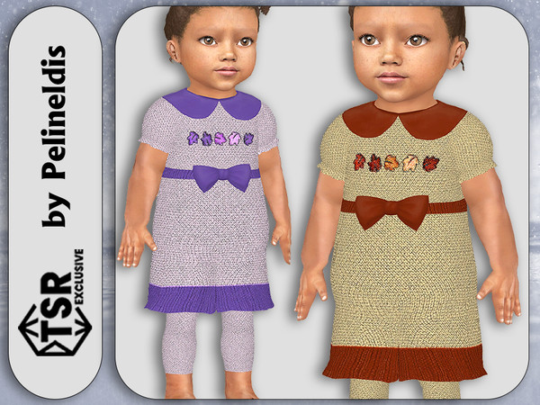 Sims 4 — Infants Knitted Dresses by Pelineldis — Four knitted dresses with leggings for infant girls in red, brown, blue,